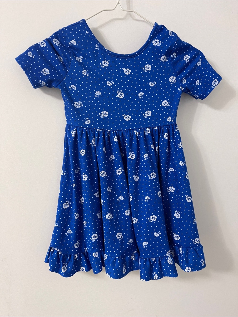 Girls' Blue Floral Dot Ruffle Dress
